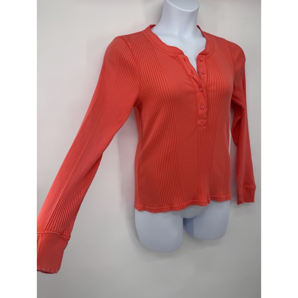Aerie Road Trip Ribbed Stretchy Long Sleeve Henley T-Shirt Top Coral Size XL